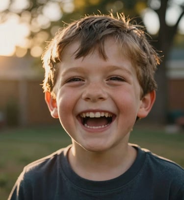 A close-up portrait of a laughing child in a North American / US backyard. The image is candid and cinematic, with golden hour sunlight filtering through trees, creating a warm, inviting glow.