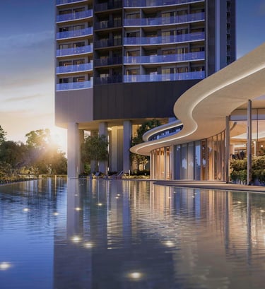 Iconic 36-storey modern luxury residential tower and grand drop-off lobby at River Green next to Gre