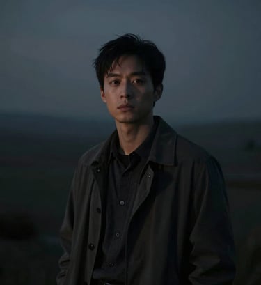 A dramatic landscape-oriented film still featuring the actor in a moody, low-light environment. The color palette is dominated by #0F0F0F and #333333 with a single point of light.