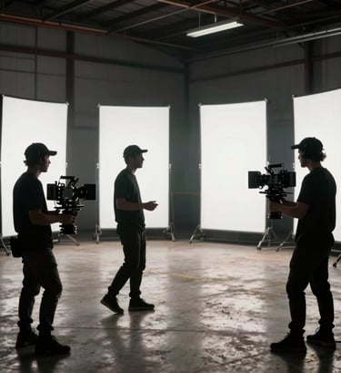 Action shot on a music video set in a sprawling industrial warehouse in the US, silhouettes of crew against bright white LED panels, professional camera rigs, edgy atmosphere.