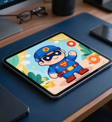 A close-up shot of a sleek tablet resting on a desk in a North American / US home office. The screen shows a vibrant, colorful cartoon illustration of a superhero security character. The surrounding desk has deep midnight blue accents and professional creative tools.