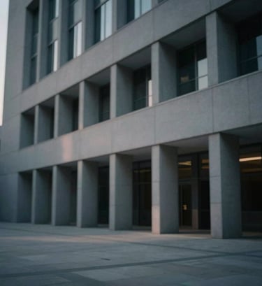 A wide, cinematic shot of a modern architectural structure representing an institution, like a library or courthouse. Deep shadows create a sense of mystery and importance. The color palette uses #263238 for shadows and #F5F5F5 for highlights. Moody and professional.