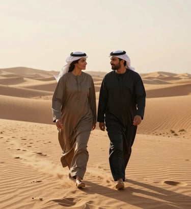 A cinematic wide shot of a couple walking through a soft sand-colored desert landscape in the Middle Eastern / Gulf region, warm golden sun, charcoal accents in their modern modest attire, authentic connection.