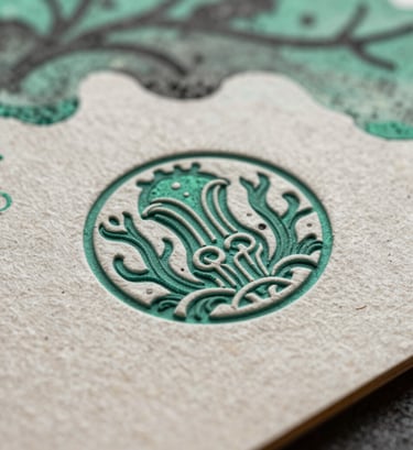 Macro photography of deep sea green and charcoal ink textures on recycled paper. The shot captures the intricate detail of an embossed logo on a heavy cardstock sample, showcasing the craftsmanship of a North American / US packaging professional.