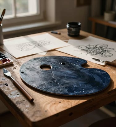 An atmospheric photography shot in a European / French artist's studio. Close-up on a wooden table covered with oil paints, palette knives, and sketches. Warm evening light filtering through a window creates long, elegant shadows. The palette is dominated by midnight navy and soft linen tones.