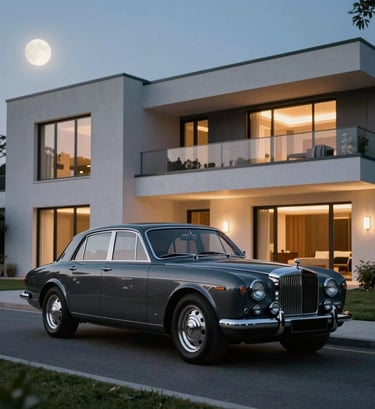 Cinematic wide shot of a luxury vintage car parked in front of a modern architectural villa at dusk. The scene is illuminated by the soft glow of interior lights and moonlight. Dominant colors are dark gray, black, and white accents. Global / Hispano setting, luxury atmosphere.