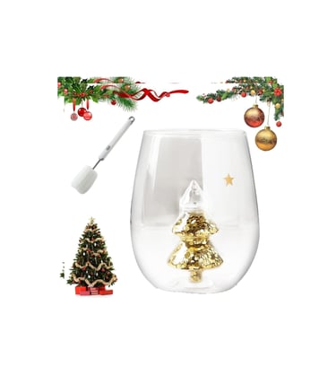 a glass of wine with a christmas tree in the background
