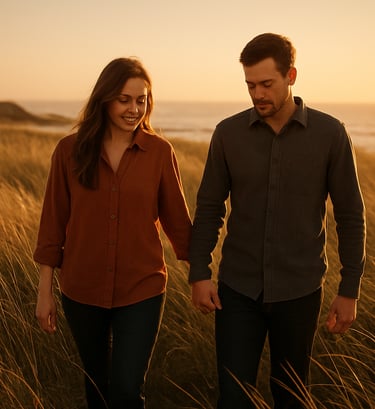 Candid shot of a couple walking through North American coastal tall grass under a warm golden hour sun. The photography style is cinematic and lifestyle-focused, featuring terracotta and charcoal tones in a natural, authentic setting.