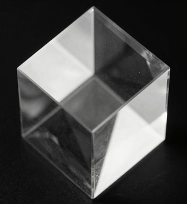 A black and white close-up of light refracting through a heavy glass prism. The background is a solid deep black, highlighting the brilliant white and soft gray highlights within the glass. Sophisticated, clean, and artistic composition.
