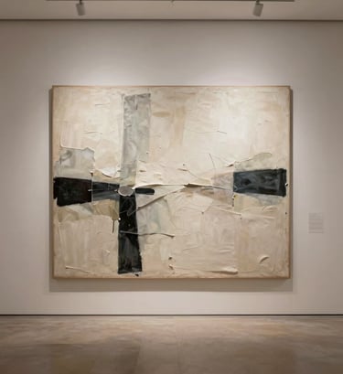 A wide-shot photograph of a minimalist art gallery in a Western city. On a soft beige wall hangs a large-scale abstract painting with heavy sculptural texture. The lighting is soft and professional, casting gentle shadows across the ridges of the artwork.