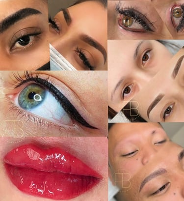 Permanent makeup results including microblading eyebrows, winged eyeliner tattoo, and lip blush.