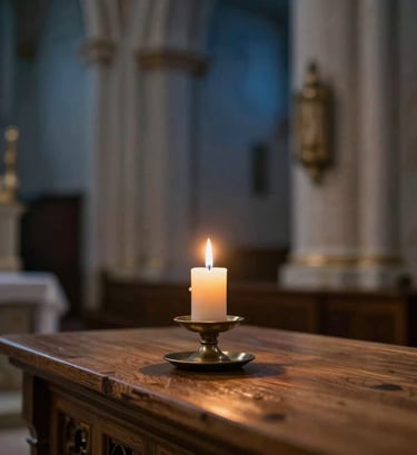 A serene candid photograph of a single candle burning on a wooden altar. The background is softly blurred, showing the textures of a historic chapel. The image is elegant and trustworthy, featuring a color palette of warm #A79E8B wood and deep #1A2F3C blues in the shadows.