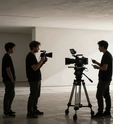 A high-end cinematic production crew in action within a North American / US minimalist architectural space. The lighting is moody and sophisticated, featuring rich black shadows and off-white highlights on premium camera equipment.