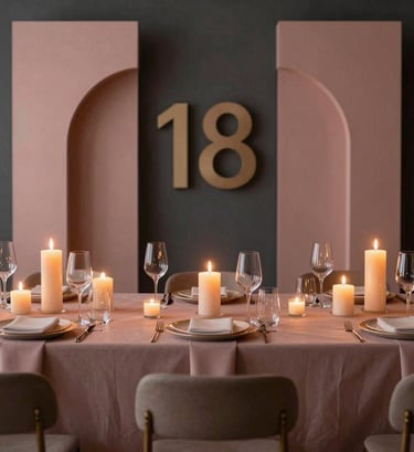 Modern and sophisticated event decoration for an 18th birthday party in Spain, warm candlelight, minimalist glass details, dusty rose and charcoal color palette.