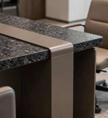 A close-up professional interior design shot focusing on high-end office furniture in a South American corporate setting. Detailed textures of polished charcoal stone and matte taupe metal finishes are visible. The lighting is soft and moody, emphasizing a professional and refined contemporary aesthetic.
