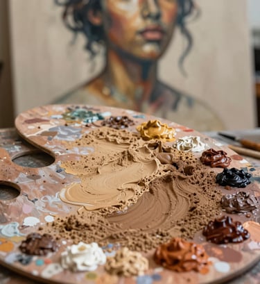 A vertical, close-up shot of an artist's workspace. A palette is covered in thick dabs of warm sand and muted brown oil paint. In the background, out of focus, a textured canvas shows the beginning of a soulful, organic portrait.