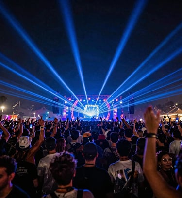 A wide-angle view of a large, ecstatic festival crowd under a canopy of laser lights. Dominant colors are #0A0A0F in the shadows and #7A7CF1 in the beams of light. High energy and electrifying nightlife presence.