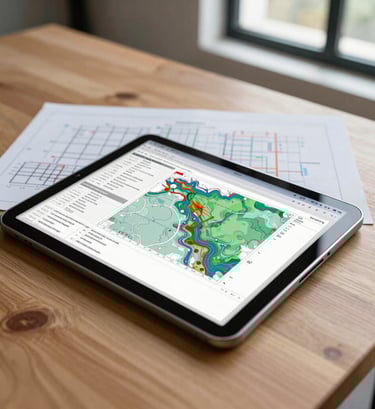A detailed photograph of civil engineering plans and a digital tablet showing hydrogeological data, resting on a clean wooden table. Natural lighting through a window, professional Southeast Asian workplace atmosphere with a minimalist design.
