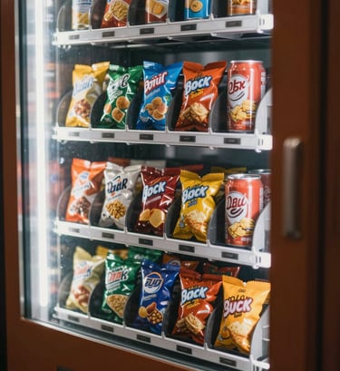 Tight close-up of a vending machine's product compartment showing colourful snack packets and drink cans neatly arranged behind glass, warm natural sidelight from the left, rich browns and oranges in the packaging, no people, sharp product detail