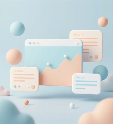 A wide artistic composition showing floating organic UI shapes, soft bubbles, and pastel-colored graphs in #A6D1FF and #FFC6A6. The scene is magical and imaginative, representing a seamless and stress-free workflow for freelancers. Dreamy, sensitive style.