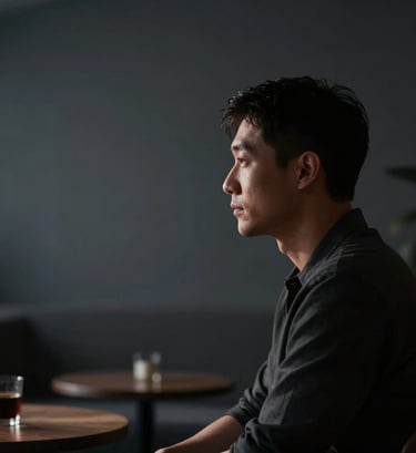 Cinematic low-light photography of an artist in a modern North American lounge. The subject is partially in silhouette against a charcoal gray background, with soft lighting highlighting the edges of their profile, creating an emotional and professional atmosphere.