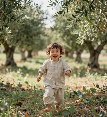 A heartwarming, artistic outdoor shot of a laughing toddler in a light linen outfit, playing in a lush olive grove. Natural sunlight filters through the trees, creating a soft and inviting atmosphere with a palette of greens and earth tones. Middle Eastern / Turkish countryside.