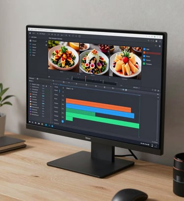 Close-up of a video editor's workspace, showing editing software on a screen with a colorful food video timeline, parchment-colored desk, soft cinematic lighting, minimalist aesthetic.