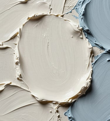 Macro photography showing rich impasto textures of off white and light blue grey oil paint, dramatic side lighting highlighting the three-dimensional surface, sophisticated artistic style.