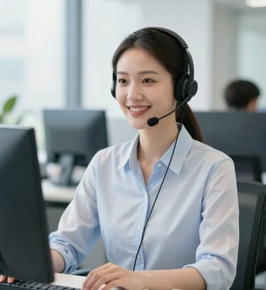 Professional customer service representative smiling in a bright, natural office setting with clean corporate blue and white tones, shallow depth of field.