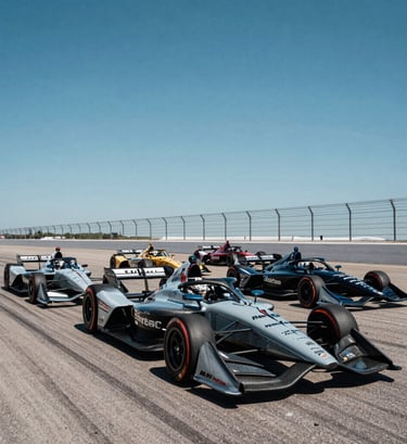 Wide-angle photography of a sweeping corner at an American motorsport track under a clear blue sky, capturing a pack of IndyCar vehicles in a tight formation, high-contrast lighting emphasizing the metallic and carbon fiber textures, clean and modern composition.