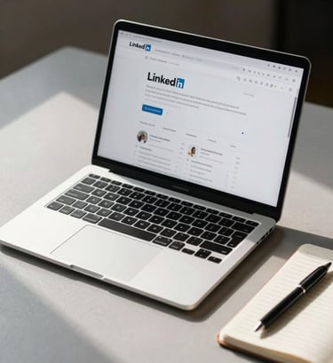 Wide environmental shot of an open laptop on a minimal desk surface, the screen showing a LinkedIn profile page with visible section headings, cool studio key-light from the left casting a clean shadow across the keyboard, notebook and pen in soft focus at right edge