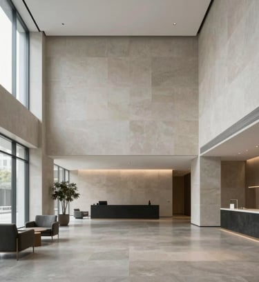 An interior shot of the Lumina Tower lobby. High ceilings, minimalist #D9D2C7 stone walls, and polished concrete floors. Soft, diffused lighting creates a sense of modern elegance. #2F2E2E accents in the minimalist furniture and window frames.