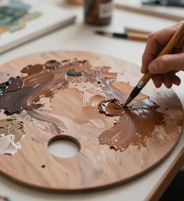 A close-up shot of an artist's palette and canvas in a well-lit North American studio, with rich strokes of dark brown and soft tan paint being applied with precision.