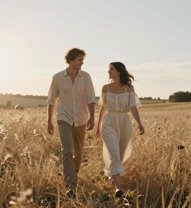 A medium shot of a couple walking through a sun-drenched meadow in the European / French countryside. The sun is low, creating a warm flare and a cinematic glow. The colors are dominated by soft sand and warm beige. Authentic emotion and movement.