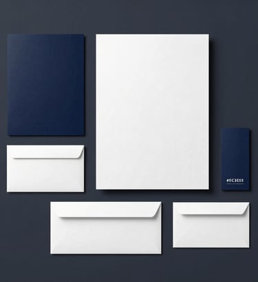 A top-down view of a full corporate stationery set including letterheads, envelopes, and folders. The design uses #0A1118 navy accents on #ECF0F1 off-white paper. Sleek, uncluttered arrangement on a dark slate #2C3E50 surface. Minimalist and professional studio lighting.