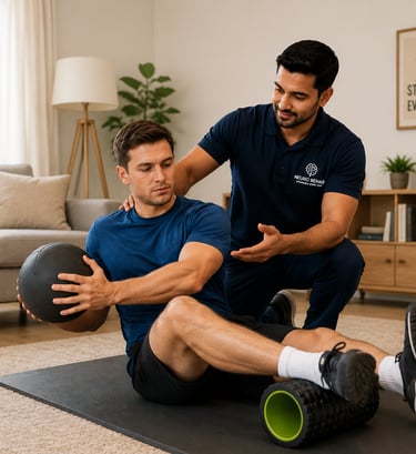 A physical therapist assists a man with core strengthening exercises using a medicine ball and foam roller.