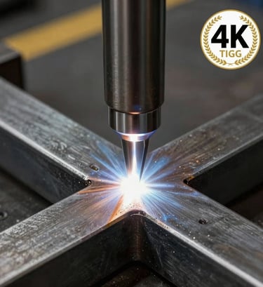 A close-up photograph of a seamless TIG weld on a steel frame, showcasing technical precision. The metal has a subtle steel grey sheen. The lighting is focused and dramatic against a dark background, emphasizing high-end craftsmanship.