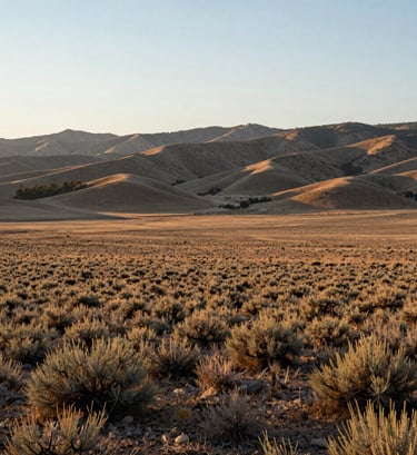 An expansive landscape photograph of a rural parcel in Northeast Nevada at sunrise. Soft light illuminates the sagebrush and rolling hills. The composition uses the rule of thirds to emphasize the strategic potential of the vast, open land.