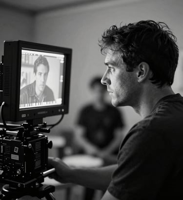 Behind-the-scenes black and white photography with deep #1A1C20 shadows. Frank Artus is seen looking at a camera monitor on a film set. The atmosphere is professional and focused, with soft cinematic lighting.