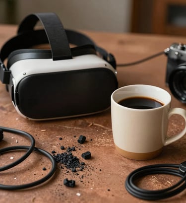 A close-up photograph of a messy creative desk, featuring a VR headset sitting next to a warm cream coffee mug and some scattered charcoal camera cables on a dusty clay surface.