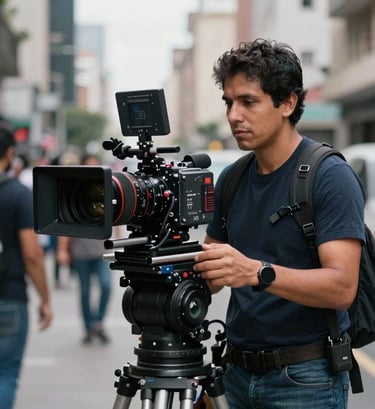 A professional Latin American / Hispanic filmmaker behind a high-tech camera rig on a busy urban street, shallow depth of field, with soft blue grey and off-white highlights in the urban background.