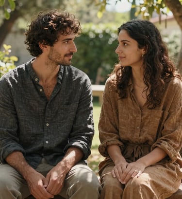 Cinematic lifestyle portrait of a couple sharing a quiet, authentic moment in a sunlit garden in Portugal. Warm, natural lighting highlights the textures of their charcoal and earthy-brown linen clothes. The mood is intimate and welcoming.