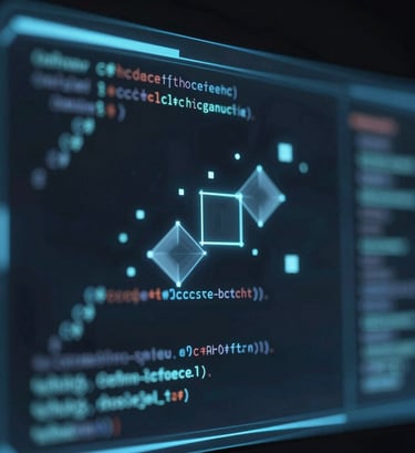 Close-up of a high-tech holographic interface featuring floating geometric data points and scrolling C# code snippets. Lighting is moody with #3F516B and #A7BCCB glow against dark #1A202C background.