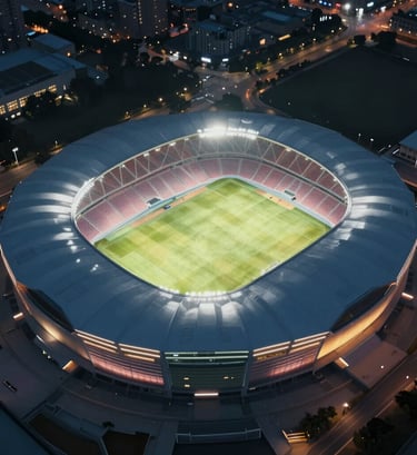 Direct overhead drone shot of a futuristic sports stadium at night. Brilliant stadium lights creating dynamic patterns, deep #1B263B shadows, and vibrant #A0B0C0 metallic surfaces. Precision geometric composition.