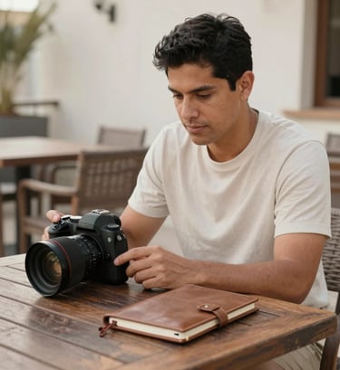Lifestyle photography of a Latinoamericano / Hispano influencer sitting at an outdoor terrace. Focus is on a professional camera and a sleek leather notebook on a dark wood table. Natural afternoon light, soft taupe and off-white tones in the background.