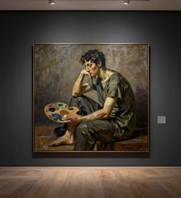 A wide-shot photograph of a large-scale figurative oil painting hanging on a dark charcoal gallery wall. The painting depicts a seated figure in a contemplative pose, using a palette of muted olive, dark charcoal, and warm taupe. The lighting is professional gallery-style, with a soft spotlight on the canvas.