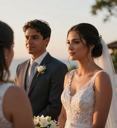 Emotional photography of a couple during a wedding ceremony in a South American / Brazilian setting. Warm sunset lighting, soft focus on the background, sharp details of the expression, conveying a modern cinematic look.