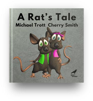 A grey book cover featuring two 3D rats wearing coloured vests and ribbons around their heads