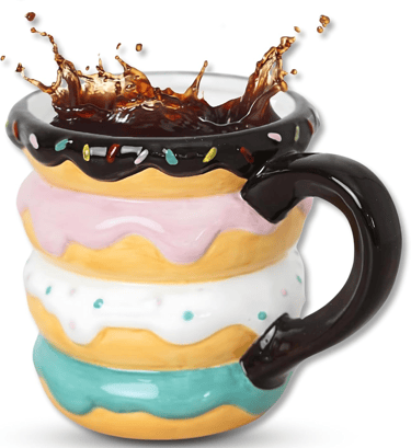 Hand-painted ceramic donut mug in stacked doughnut shape, unique coffee cup gift for women and kids.