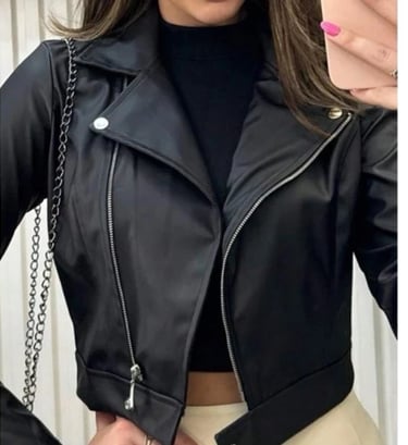 Jaqueta de Couro Feminina Com Ziper Inverno